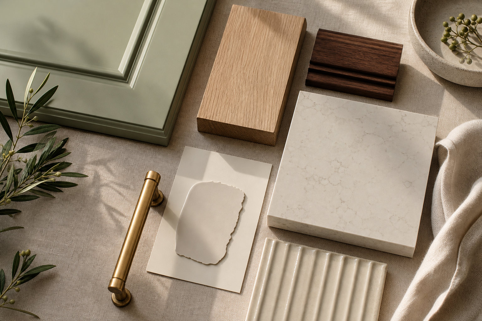 Kitchen materials flatlay with sage cabinet sample oak brass and stone
