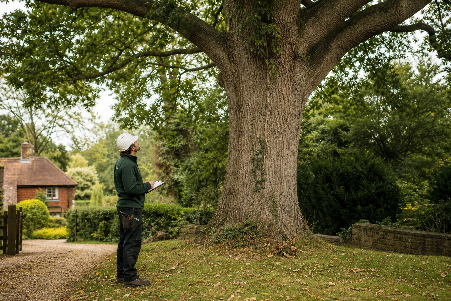 Representative arborist inspecting a mature garden tree from ground level