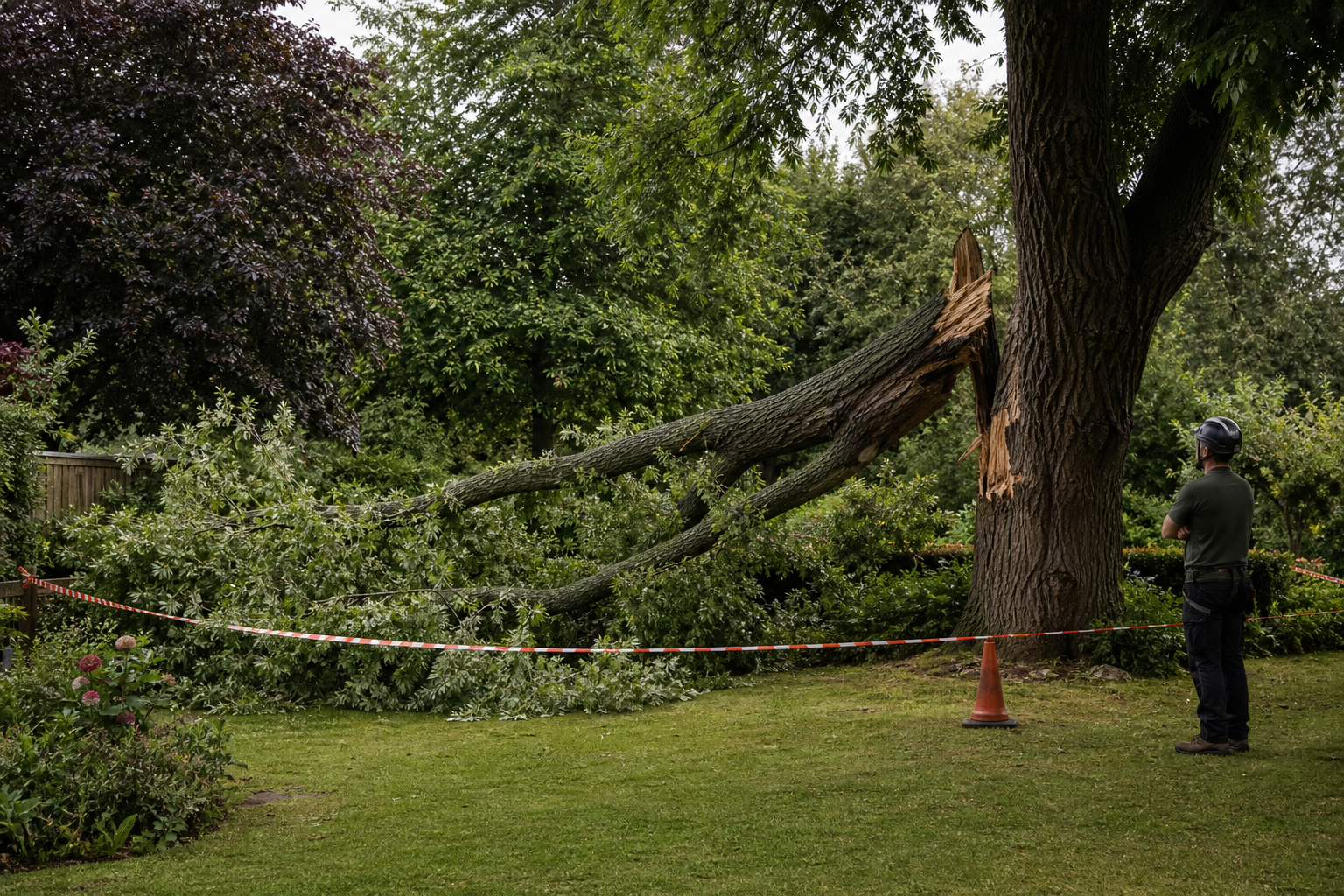 Representative storm-damaged limb safely cordoned in daylight