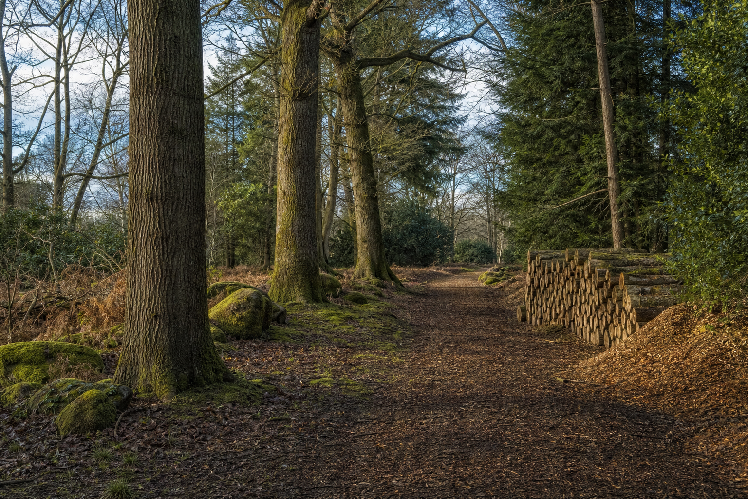 Representative managed woodland edge with path and stacked timber